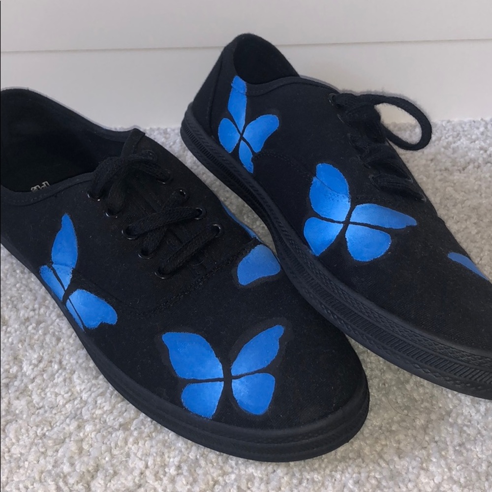 Hand Painted Butterfly Sneakers (Black and Blue)